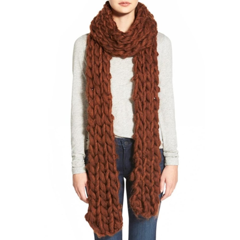 Free People Maggie Maye Rust Red Orange Chunky Crochet Knit Winter Scarf